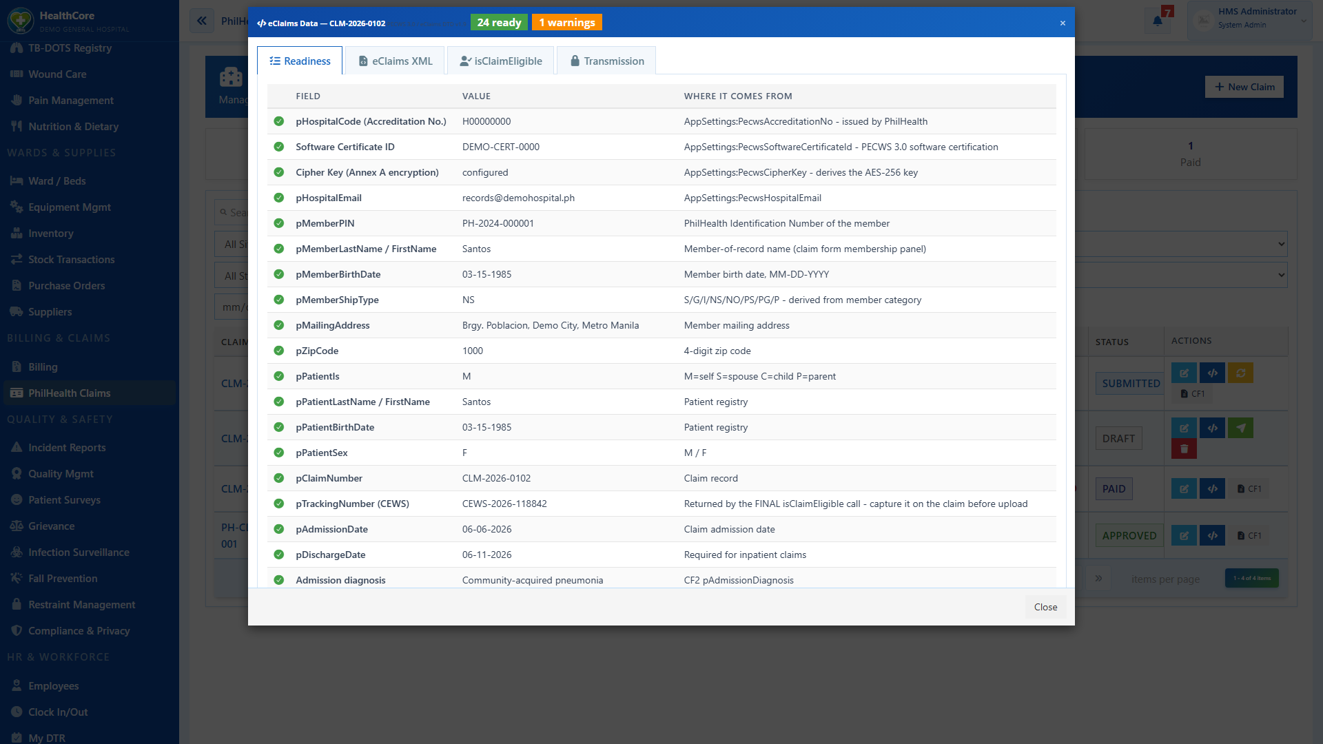 eClaims readiness viewer